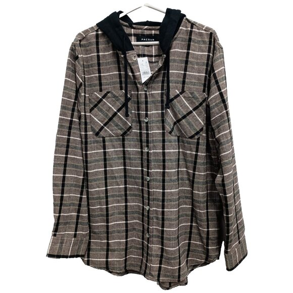 Pacsun Mens Flannel Shirt Size Large Multi Plaid Hooded Streetwear Grunge NEW - Picture 1 of 8